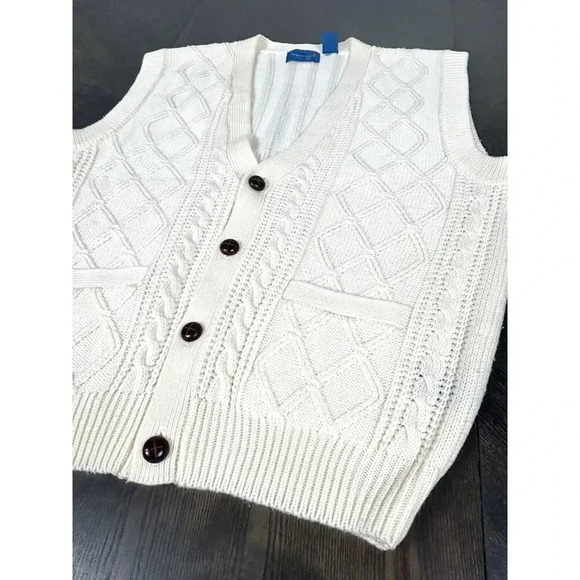 Vtg 90s Towncraft Sweater Vest Large Cable Knit Gray Grandpa Dad Buttons Pockets - Picture 4 of 8